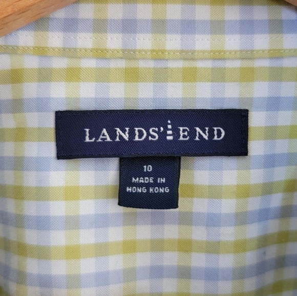 Lands' End | Blue Green White Gingham Check Button Front Shirt - Picture 3 of 5